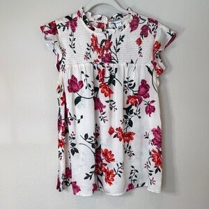 Old Navy White Floral Print Smocked Top